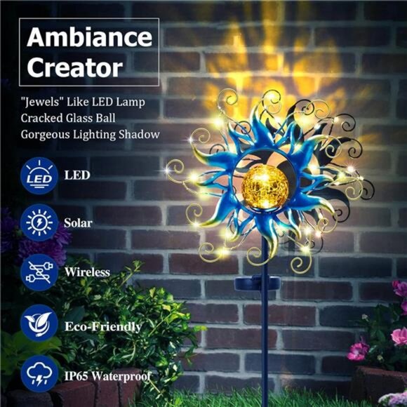 Blue Metal Sun Crackle Glass Globe Stake Waterproof 30LED Decorations - Picture 5 of 7